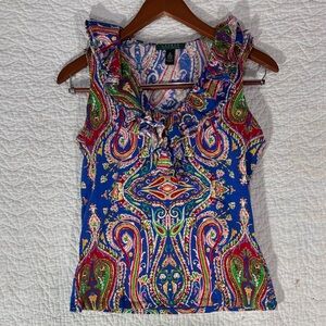 Ralph Lauren Blue Paisley Ruffle Blouse